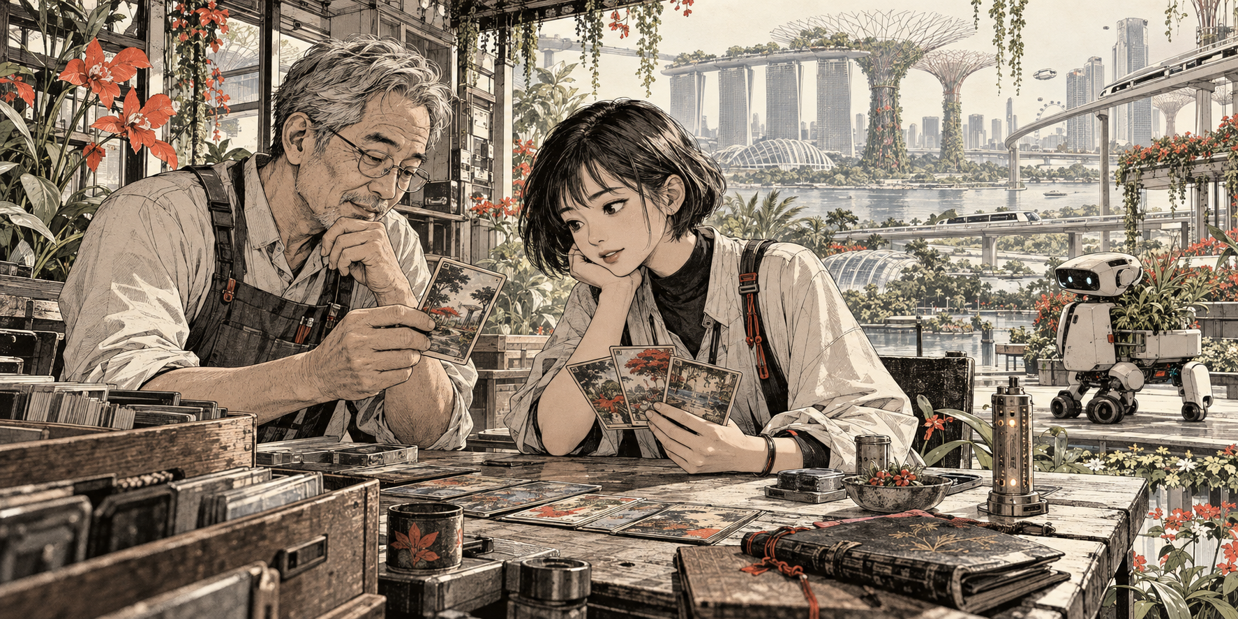 Exploratory manga illustration of an older repairer and a young archivist examining cards in a tropical future city