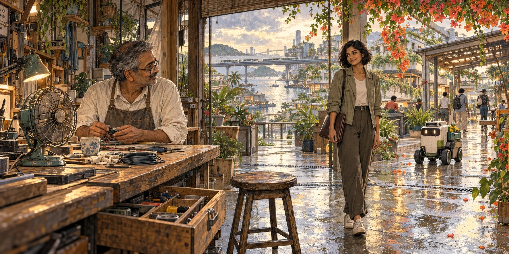 Arun at a worn repair bench with an old fan, Mara arriving through the garden entrance, an empty stool between them and a delivery robot outside.
