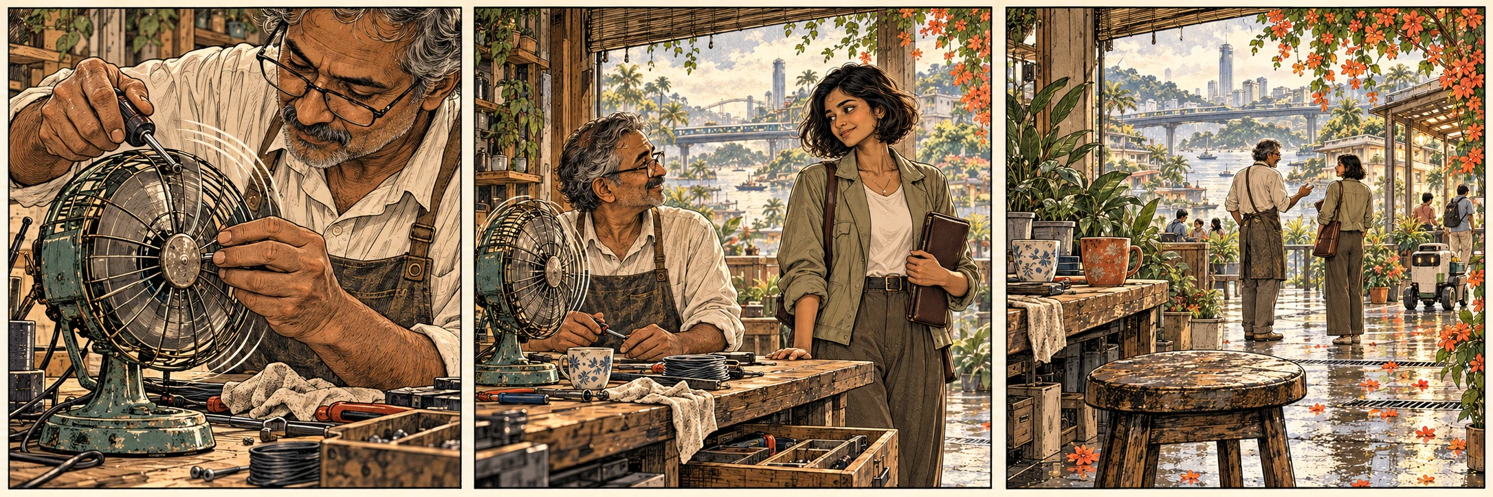 Three panels, read left to right: Arun repairs the fan; Mara arrives at his bench; an empty stool remains as they talk near the garden.
